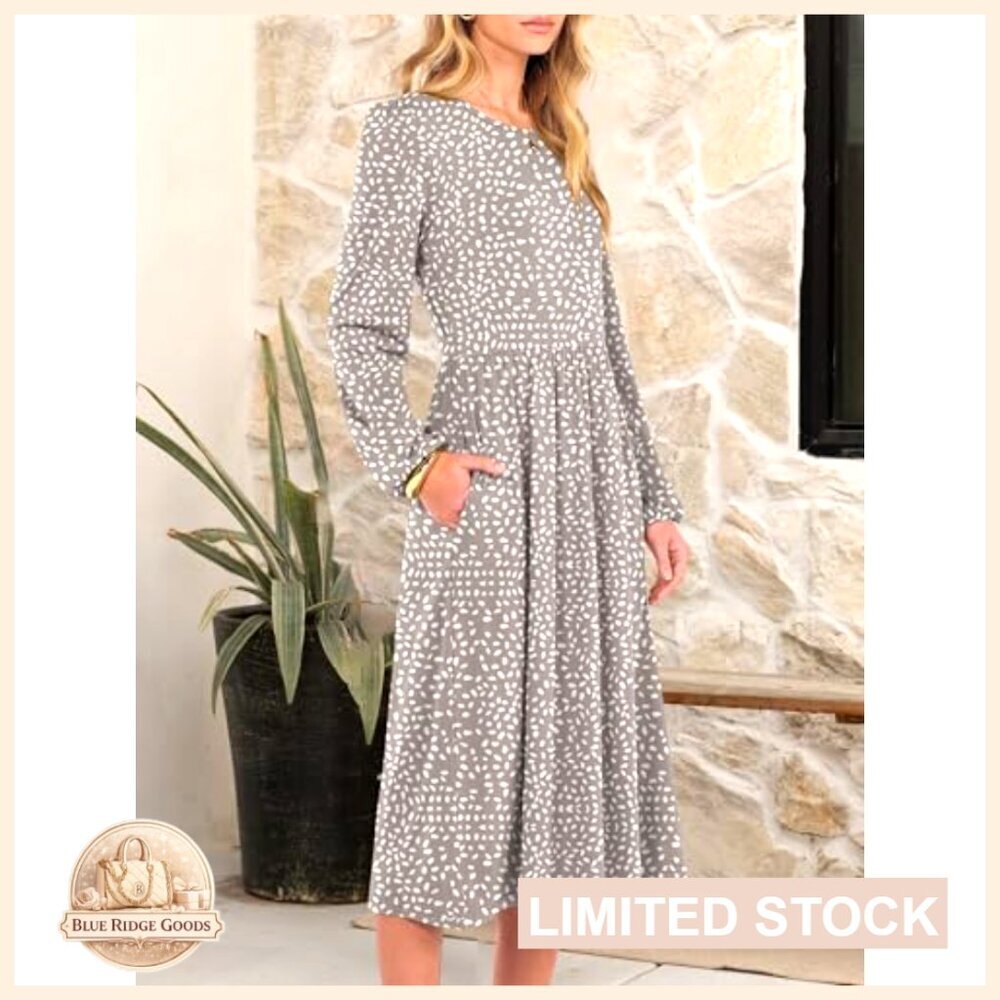 Long Sleeve Midi Dress Flowy A-Line Casual Elegant Fall Fashion with Pocket - Picture 4 of 7